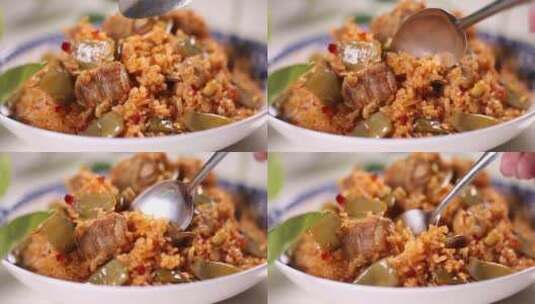 扁豆排骨肉汤拌饭米饭高清在线视频素材下载