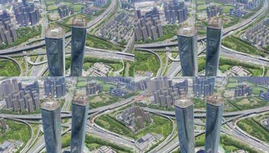 航拍杭州滨江地标智慧之门机场城市大道高架高清在线视频素材下载
