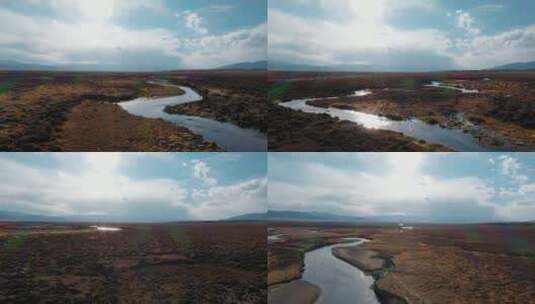 河流视频蓝天白云冬季草原上蜿蜒曲折河流高清在线视频素材下载