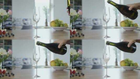 将香槟倒入长笛玻璃杯高清在线视频素材下载
