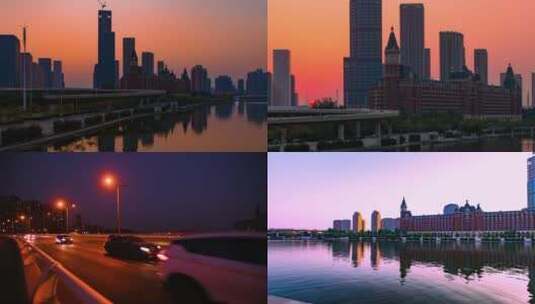 天津地标海河风光海津大桥城市建设车流夕阳高清在线视频素材下载
