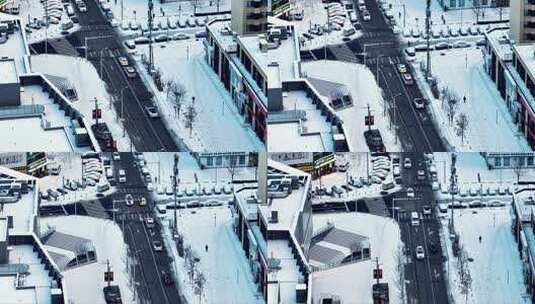 辽宁沈阳冬季雪天城市街道马路航拍高清在线视频素材下载