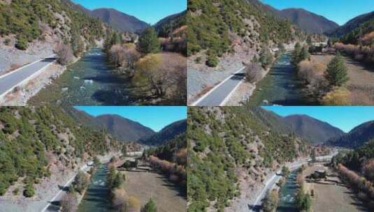 秋天的山谷与河流航拍高清在线视频素材下载