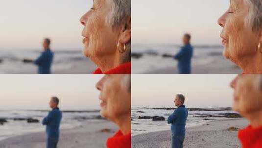 老年夫妇站在海滩高清在线视频素材下载
