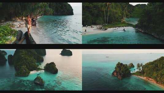 FPV无人机航拍美女海边散步沙滩夏天四王岛高清在线视频素材下载