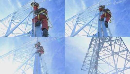西藏5200雪山电力铁塔组立顶标准化登塔02高清在线视频素材下载