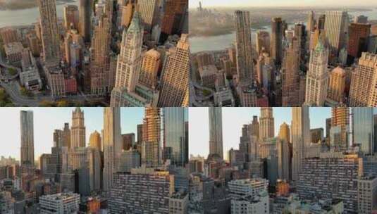 航拍纽约曼哈顿翠贝卡哈德逊河摩天大楼日出高清在线视频素材下载