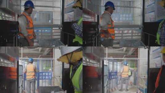 4k建筑工地工人使用工地电梯高清在线视频素材下载