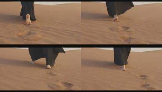 妙龄女子赤脚走在沙漠行走高清在线视频素材下载