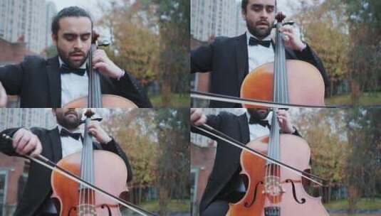 外国男人拉大提琴在户外高清在线视频素材下载