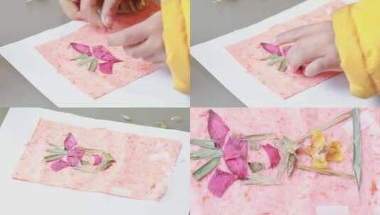 儿童用干树叶花瓣制作创意手工花纸高清在线视频素材下载