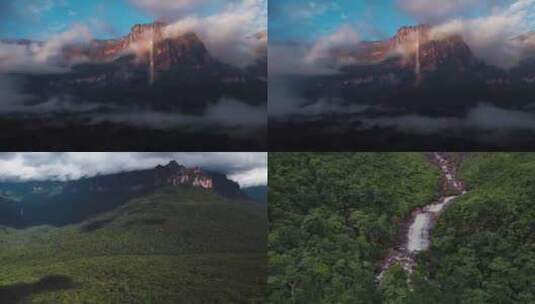 航拍森林瀑布委内瑞拉天使瀑布云雾蓝天白云高清在线视频素材下载