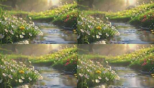 春天唯美梦幻草地花园和溪流高清在线视频素材下载