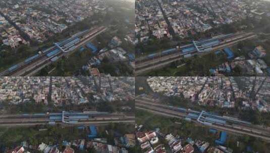无人机航拍印度本地治里火车站，布满建筑物高清在线视频素材下载