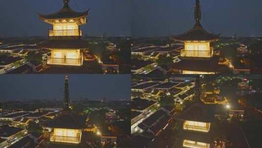 上海嘉定法华塔州桥老街夜景航拍高清在线视频素材下载