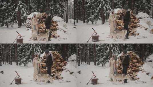 特写情侣在白雪皑皑的森林里嬉戏玩耍高清在线视频素材下载