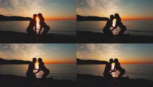海边夕阳情侣亲吻剪影高清在线视频素材下载