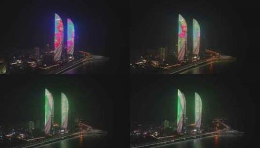 福建厦门海峡世贸双子塔大厦夜景高空航拍高清在线视频素材下载