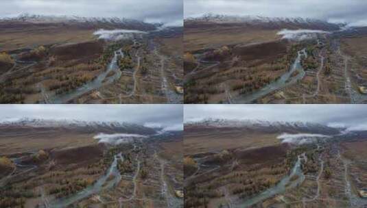 新疆阿勒泰禾木古村落雪山秋色航拍高清在线视频素材下载