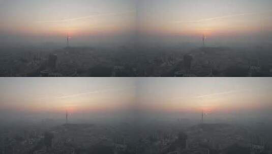 广东阳江城市清晨日出彩霞迷雾航拍高清在线视频素材下载