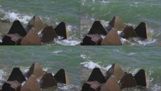 防浪块消波块海边江边弱波石防护块高清在线视频素材下载