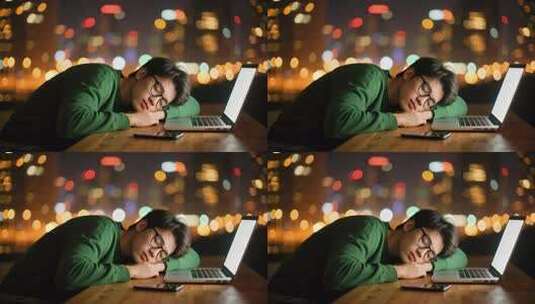 男士加班疲惫趴桌睡觉职场人物休息场景高清在线视频素材下载