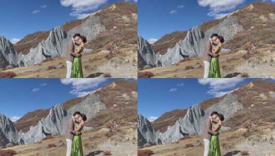 枯黄草原高原石林情侣拍婚纱写真5高清在线视频素材下载