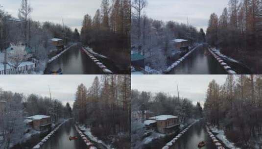 吉林二道白河魔界漂流，航拍冰河雪景高清在线视频素材下载