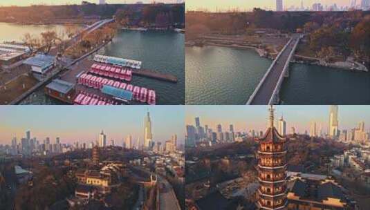 航拍清晨的南京古城墙和鸡鸣寺长镜头高清在线视频素材下载