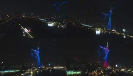 穿越机航拍广州塔边无人机编队表演高清在线视频素材下载