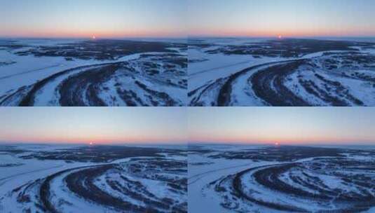 航拍内蒙雪原冰河海拉尔河暮色高清在线视频素材下载