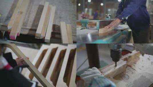 手工木材制作工厂机器打孔木工活DIY高清在线视频素材下载