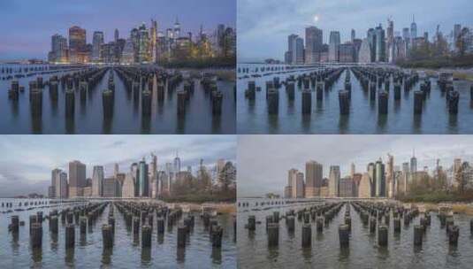 曼哈顿下城的城市景观和早晨有码头的河流。纽约市高清在线视频素材下载