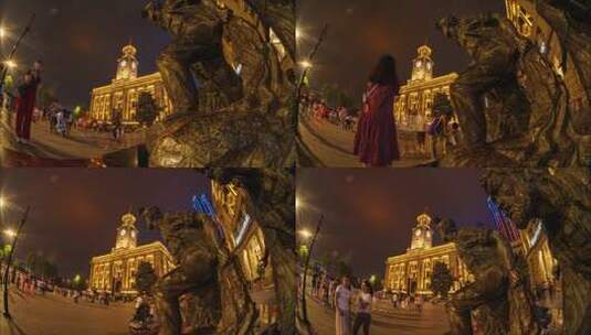 武汉江汉关历史建筑雕塑夜景灯光延时高清在线视频素材下载