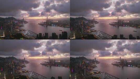 香港维多利亚港傍晚城市大景航拍高清在线视频素材下载