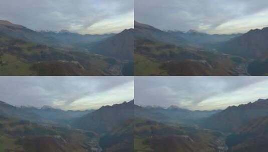 日出时塞里亚纳山谷及其山脉的美丽鸟瞰图，奥罗比阿尔卑斯山，贝加莫，伊塔尔高清在线视频素材下载