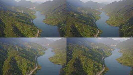 江西水坝航拍水库山脉河流高压电线塔大远景高清在线视频素材下载