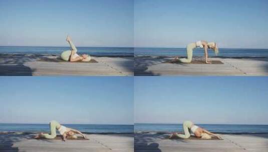 海边练习瑜伽、健身高清在线视频素材下载