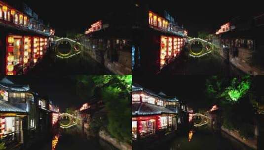 浙江嘉兴西塘古镇景区夜景航拍高清在线视频素材下载