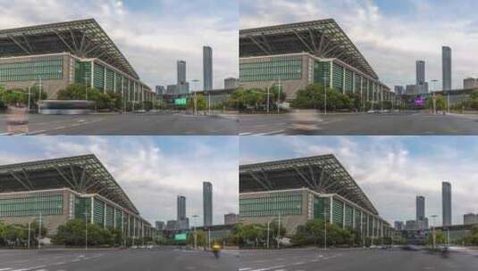 苏州国际博览中心建筑和车流延时摄影高清在线视频素材下载