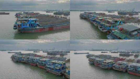 航拍众多货轮停靠江门高清在线视频素材下载