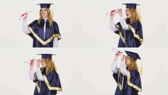 穿着毕业礼服拿着文凭的女生高清在线视频素材下载