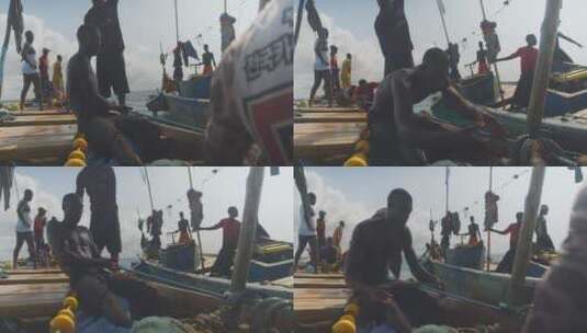 一群男人在船上拉绳呼唤高清在线视频素材下载