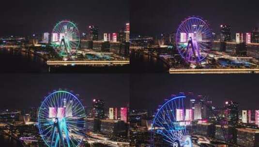 深圳宝安欢乐港湾摩天轮夜景直冲越过高清在线视频素材下载