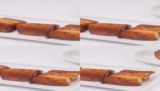 虎皮扣肉地方特产美食油炸肉4k滑轨平移高清在线视频素材下载