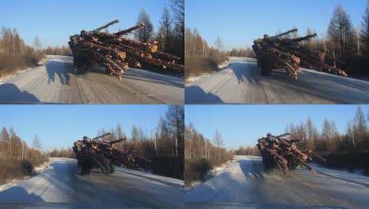 已消失的场景：大兴安岭冰雪路运材车行驶高清在线视频素材下载