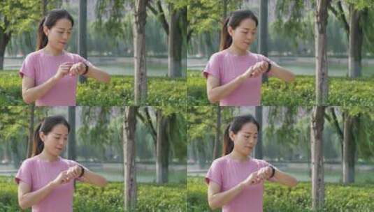 戴运动手表的中国人女性运动前作热身运动高清在线视频素材下载
