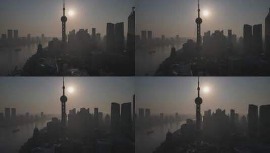 上海陆家嘴外滩黄浦江轮渡地标建筑日出航拍高清在线视频素材下载