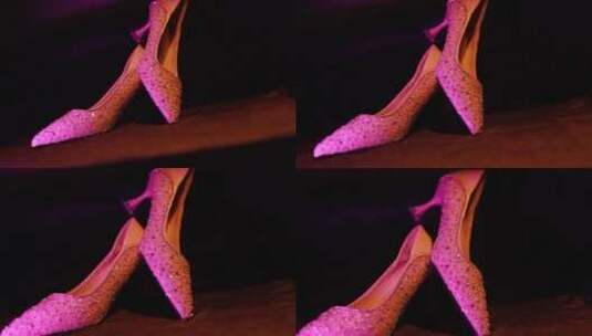 婚礼晨拍高跟鞋粉紫色灯光高清在线视频素材下载