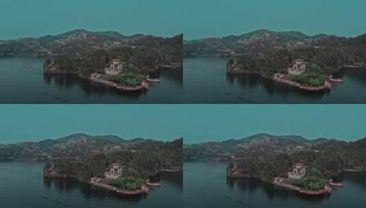 高清航拍湖泊码头唯美风景船划船黑龙滩高清在线视频素材下载